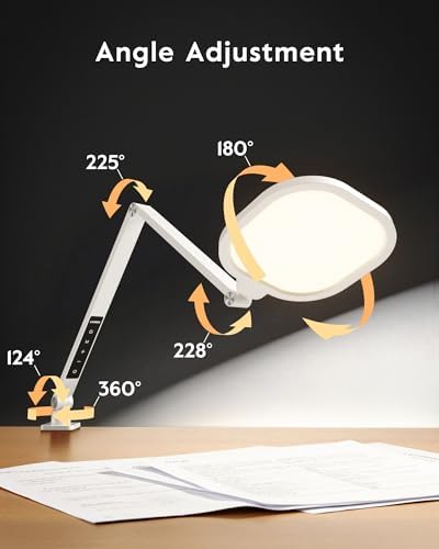 LitONES Led Desk Lamp with Clamp, 2000LM Dimmable Home Office Desktop Light, 3000k-6500k Adjustable Swing Arm Ring Light for Video Conference, Study, Reading, Zoom Calls, Streaming (White)