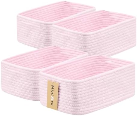 MiniArk Small Storage Baskets for Organizing | Closet Organizer Bins | Shelf Toy Basket | Woven Rope Baskets | Cube Decorative Box | Shallow Basket | 13x8.5x5.1” | 4 Packs Light Pink