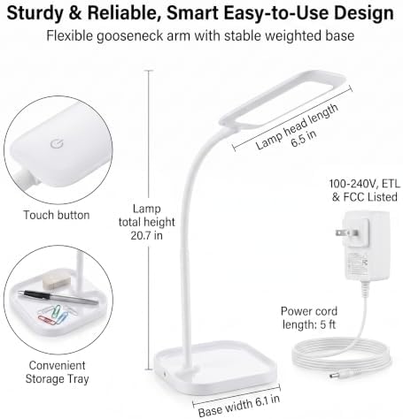 White LED Desk Lamp for Home Office Dorm,Eye-Caring,Gooseneck,Flicker-Free