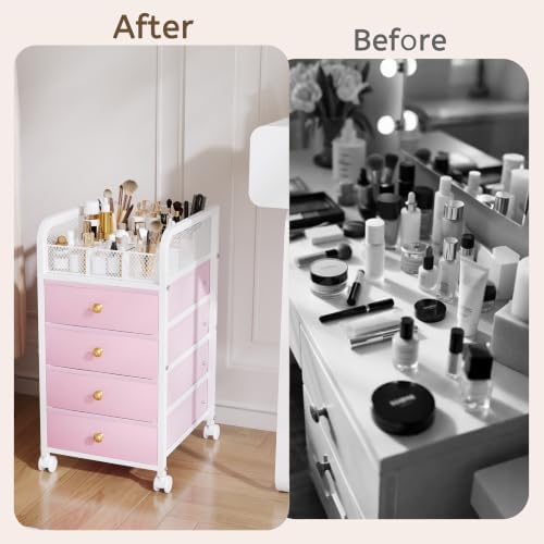 Rolling Makeup Organizer Cart - Under Desk Storage with 4 Drawers