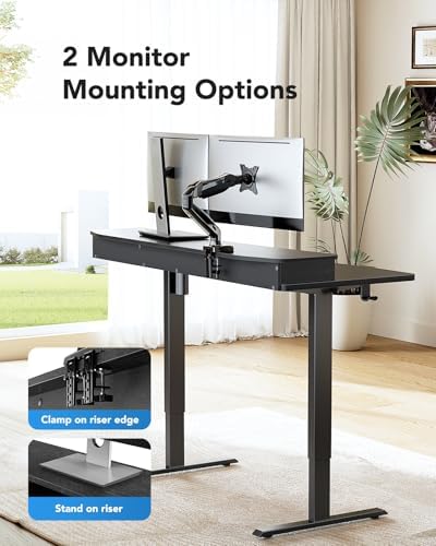 HUANUO 48″ x 28″ Electric Standing Desk with 2 Drawers, C-Clamp Mount Compatible, Height Adjustable Computer Desk, Home Office Stand Up Desk with 4 Preset Heights & 2 Hooks, Black