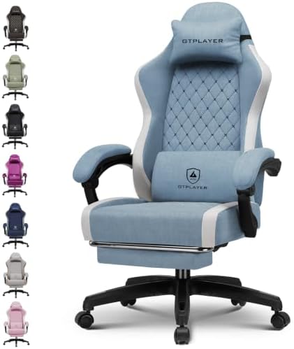 GTPLAYER Gaming Chair Fabric with Pocket Spring Cushion, Big and Tall Gamings Chairs 350LBS High Back Computer Chair with Footrest for Adults Lumbar Support Swivel Game Chair for Office Light Blue