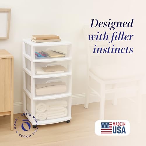 HOMZ Drawer Tower, 4-Tier Storage Cart with Removable Wheels, White Frame