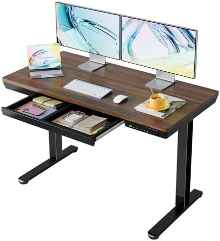 HUANUO Electric Standing Desk with Drawers, 48 X 24 Inch Electric Adjustable Height Desk, Quick Install One-Piece Tabletop with USB Charging Ports, Sit to Stand Up Desk for Home Office, Black Walnut