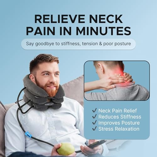 Inflatable Neck Stretcher for Neck Pain Relief, Cervical Traction Device with Hand Pump, 3-Layer Adjustable Neck Decompression Collar for Pinched Nerve, Stiff Neck & Tech Neck Support