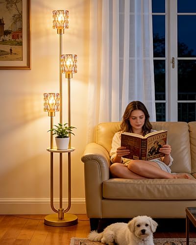 Lightdot Amber Glass Floor Lamp with Table Farmhouse Modern Gold Floor Lamp