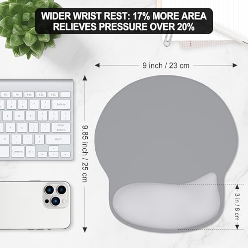 ITNRSIIET Ergonomic Mouse Pad with Wider Memory Foam Wrist Rest +17%, Curved Cushion Reduces Pressure 20%, Pain Relief, Non-Slip, Smooth, Cute Color Desk Accessory, 9.85 x 9 inch, Light Gray Accent