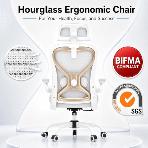 Ergonomic Office Chair for Long Hours and Back Pain Relief, Space-Saving Design with Adjustable Lumbar Support, Flip-Up Arms, 3D Headrest, Tilt & Rock, 330 LBS, White/Gold