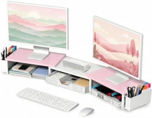 OPNICE Desk Organizers and Accessories, Dual Monitor Stand Riser with Drawer and 2 Pen Holders, Desk Shelf Printer Stand for Office Workspace Organizers, Desktop Organization (Pink-White)