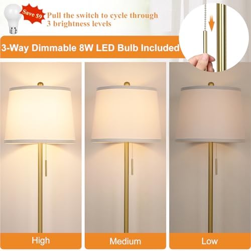 Gold Floor Lamps for Living Room, 63in Modern Standing Lamp 3 Way Brightness Dimmable with White Linen Shade Metal Base Tall Pole Light for Bedroom Reading Office Corner Nursery 8W LED Bulb Included