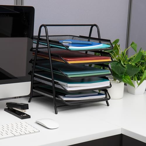 Mind Reader 5-Tier Paper Tray Organizer, Vertical Desktop File Storage Rack, Office, Metal Mesh, Black (Pack of 6)