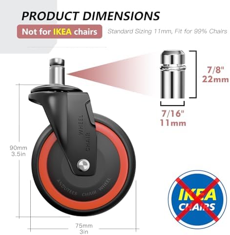 Office Chair Wheels Replacement, 3 Inch Heavy Duty Anti-Tangle Nylon Roller Wheels Set of 5, Office Desk Gaming Chair Black Casters for Hardwood Floors Carpet (11x22mm)