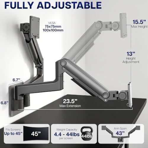 VIVO Premium Dual Monitor Arm Wall Mount, Fits Ultrawide Screens up to 45 inch, 44 lbs per Arm, Counterbalance Articulating, Heavy Duty Double Monitor Wall Mount, Max VESA 100x100, Black, MOUNT-V202V