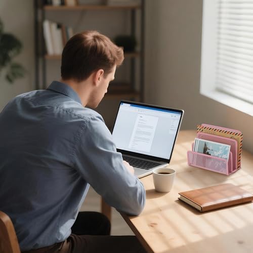 EASEPRES Desk Mail Organizer, Office Small Desktop Metal Mesh Envelope Letter Sorter Paper File Holder Organizer with 3 Vertical Upright Compartments, Pink 1 Pack