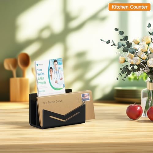 Beego Envelope and Mail Organizer Countertop - 2 Compartments Black Acrylic Desk Organizer Letter Holder Desktop File Sorter Bill Document Folder Rack for Office, Home, School Desk Organization