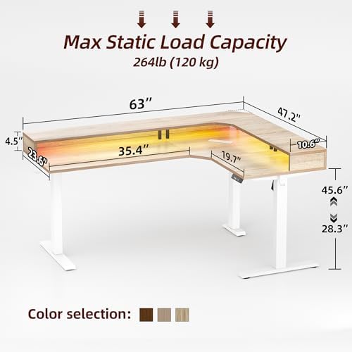TIQLAB 63'' L-Shaped Standing Desk with LED Light Strip and Power Outlet, Height Adjustable Corner Table with Ergonomic Monitor Stand, Maple