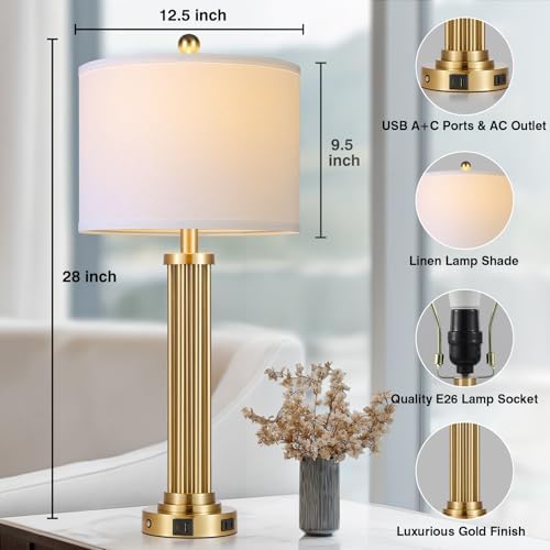 28" Tall Modern Table Lamp with USB C+A Ports and AC Outlet, 3 Way Touch Metal Bedside Lamps for Bedroom, Gold Nightstand Lamps for Living Room