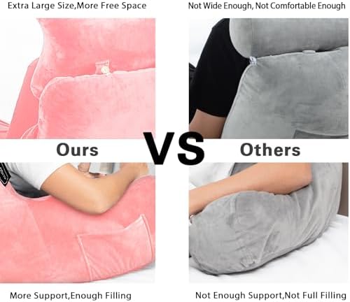 Reading Pillow-Extra Large 31" Bed Rest Pillow with Detachable Neck Roll & Arms for Sitting in Bed or Couch-Backrest Reading Pillow Adult Back Pillows for Reading/Watching TV/Gaming/Relaxing-Pink