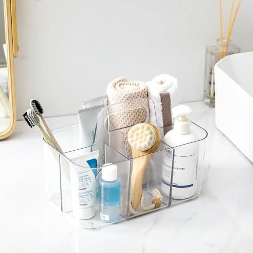 AOZITA Multiuse Caddy Organizer with Handle, Portable Divided Tote Bin - Art Craft, Stationary Pen Marker Crayons, Makeup Hair Supplies Storage - Bathroom, Classroom, Dorm, Office, Desk Holder -Clear