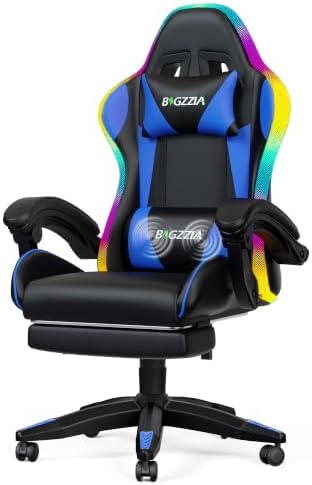 Bigzzia LED Gaming Chair with Footrest, Lumbar Massage for Adult/Kid（Blue）
