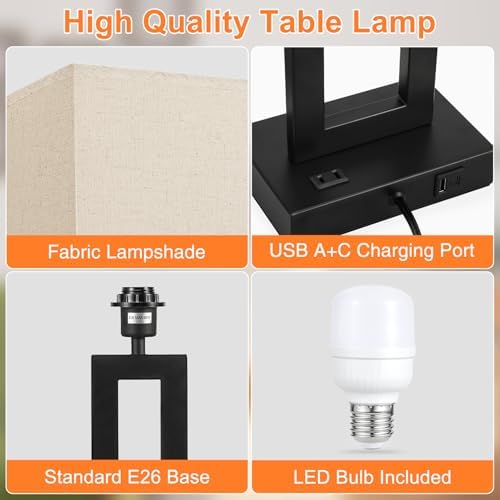 Seealle 26.3in Big Bedroom Table Lamps Set of 2 -Touch Control, 3 Way Dimmable, USB C+A Charging, LED Bulbs, Easy Assembly