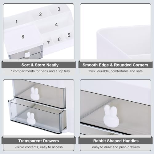 Meiikun Desk Organizer, Makeup Organizer with 2 Drawer, 7 Compartment & a Top Tray, Desktop Organizers and Storage for Women, Cute Home organization Bathroom, 11" x 5.7" x 4.7" (White)