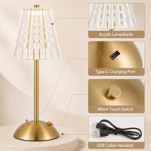 2 Pcs Cordless Table Lamp Rechargeable Touch Lamp,Gold Classic