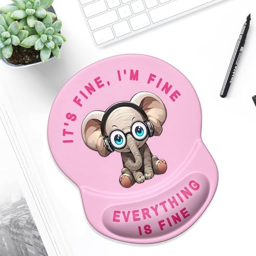 ITNRSIIET Ergonomic Mouse Pad with Gel Wrist Support Small Wrist Rest Smooth Surface Non-Slip PU Base Comfortable Office Supplies Pain Relief, 8.7 x 7.2 inches, Pink Pretty Elephant