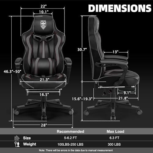 Vonesse Gaming Chair for Adults, Reclining Gaming Chairs with Footrest and Massage, Computer Gaming Chair for Heavy People,Ergonomic Gamer Chair Big and Tall (Black/Gray)