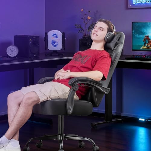 GTPLAYER Gaming Chair, Ergonomic Office Chair 300lbs Capacity, Computer Desk Chair with Headrest and Lumbar Support, Linkage Armrests, 90-155° Recline, PU Leather Black