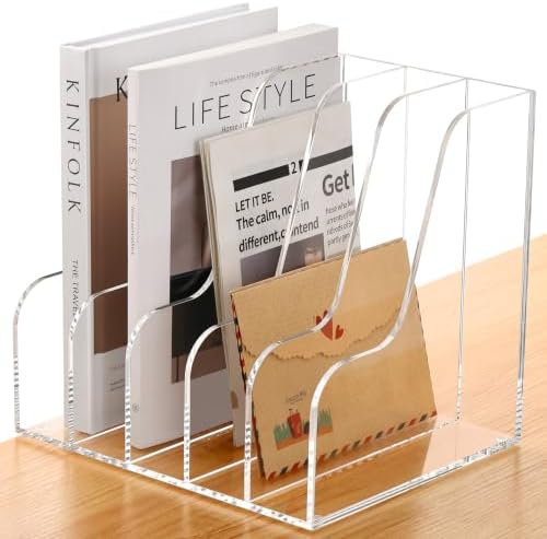 SANRUI Acrylic Desk Organizers, Clear Magazine File Holder, 5 Vertical Compartments A4 Folder Binder Holders Sorter, Office Desktop Workspace Organization Storage Rack for Office Home School