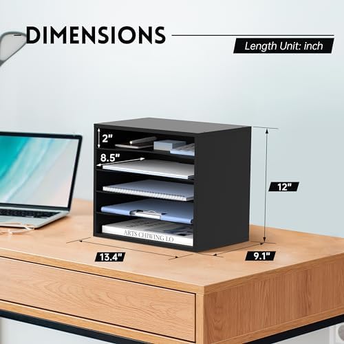 5 Tier Wood Desk Organizer, Mail Sorter and Paper Organizer for Desk, Black