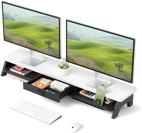 AFOOYO Dual Monitor Stand Riser,LED 2-Tier 39.3 Inch Computer Monitor Stand for 2 Monitors,Office Desktop Organizer with Storage Drawer and Phone Holder for Laptop,PC,Computer,Printer,White