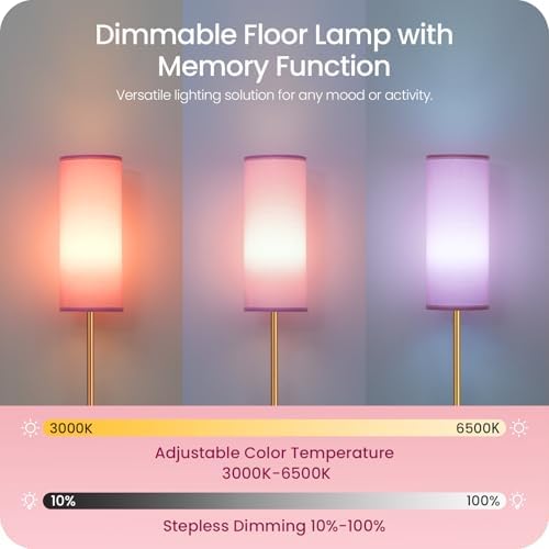 Dimmable Pink Floor Lamp for Living Room with Remote and Foot Switch, Corner Floor Lamp, 64.4'' Standing Tall Lamp, 10W 900LM Bulb Included, 3000K-6500K, Linen Shade, Gold Pink, FCC Listed DP06LD05W1