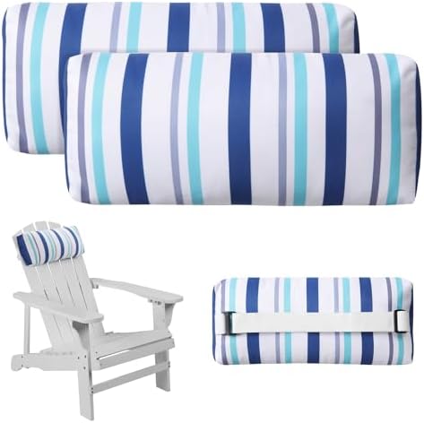 Headrest Pillow for Patio Chaise Lounge Chair, 2 Pcs Outdoor Chaise Pillows with Adjustable Elastic Stripe Head Resting Pillows for Recliner Office Chair, Blue White Stripe