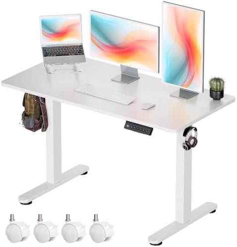 Okin Standing Desk Electric Adjustable Computer Whole Piece Stand up Desk with Wheels Office Gaming Home Office Memory Desks 48x24 inches White