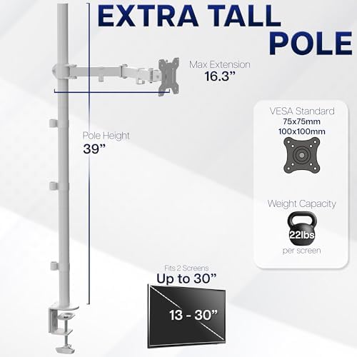 VIVO Extra Tall Single Monitor Desk Mount Stand with 39 inch Pole, Features Full Adjustability - Tilt and Articulation, Holds 13 to 32 inch Screens up to 10kg with VESA Mounting, White, STAND-V011W