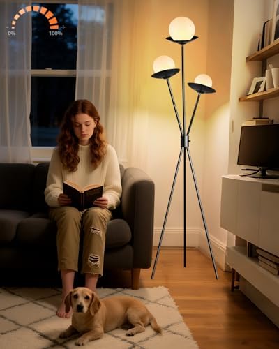 3 Globe Dimmable Tripod Floor Lamp, Mid Century Standing Lamps with 3Pcs 3000K Bulbs Included, Modern Black Tall Lamp for Living Room Bedroom Home Office Sofa Beside Corner Decor