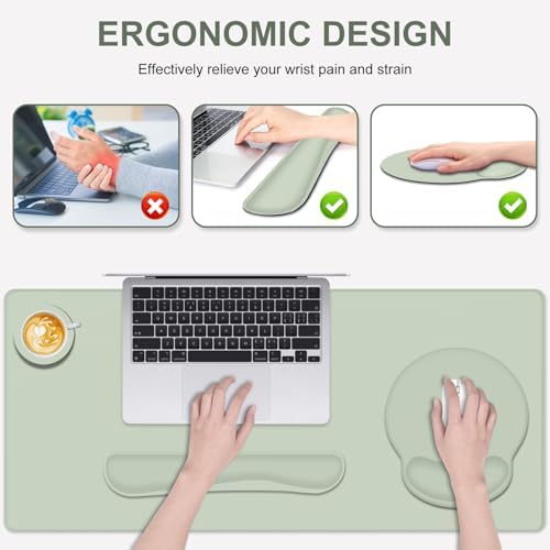 4 PCS Mouse Pad Desk Mat Protector, Keyboard Wrist Rest + Comfortable Mouse Pad with Wrist Rest +Coaster, Large Gaming Mousepad for Computer Laptop, 35.4"X 15.7" Deskpad for Office Home I Bean Green