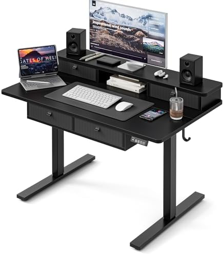 Grandder Electric Standing Desk with Four Drawers, Sit to Stand Up Height Adjustable Desk with Storage Shelf for Home Office, 47 * 28 Inch, Study, Ergonomic Adjustable Computer Desk, Black