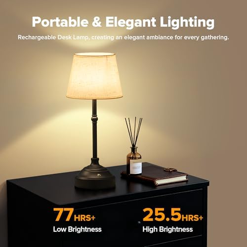 Cordless Table Lamp, Rechargeable Desk Lamp with Fabric Shade, Battery Operated Lamp 3 Color Stepless Dimming, Portable Small Touch Bedside Lamp Home Decor for Dining, Counter (Matte Black)