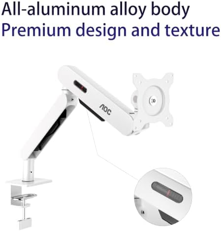 AOC AM400PLUS Premium Aluminum Single Monitor Arm, Mechanical Spring, 17–34 Inch, 4.4–19.8 lbs, VESA 75x75/100x100, C-Clamp, Quick Install Desk Mount with Cable Management (White)
