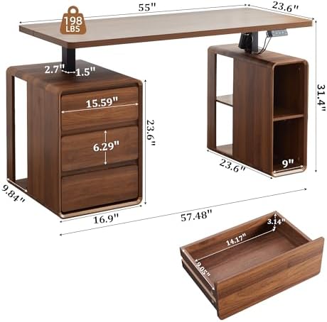55" Wood Electric Standing Desk with Drawers and Storage Shelves