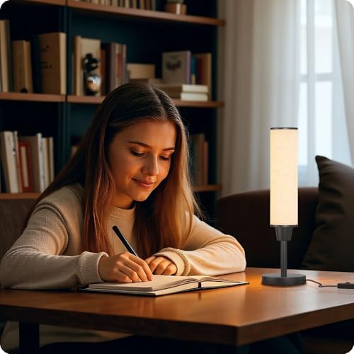 Nukanu Table Lamp with Remote,Black,Linen lampshade