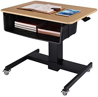 Rocelco 28" Height Adjustable Mobile School Standing Desk with Book Box Bundle- Quick Sit Stand Up Home Computer Workstation - Gas Spring Assist Office Laptop Riser Cart - Wood Grain (R MSD-28-BB)