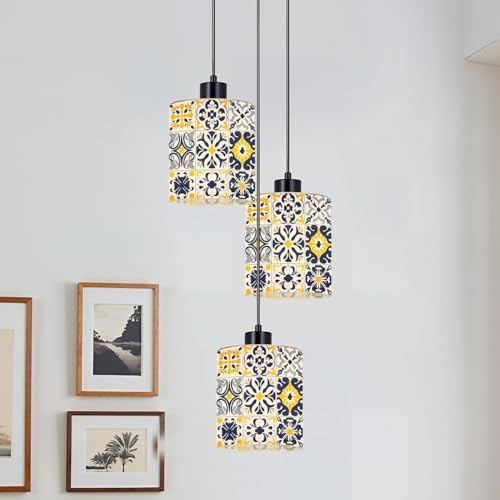 3 Pack Cylinder Glass Lamp Shade Set 16 tiles Azulejos blue gray yellow Original traditional Portuguese Covers with 1-5/8" Fitter Opening Light Fixture Replacement for Table Lamp Bathroom Vanity Light