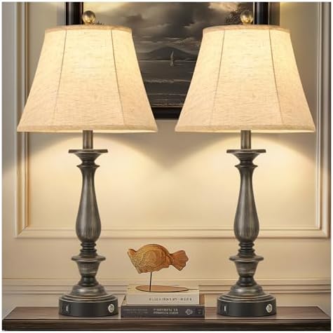 AIDENOEY 28.5" Traditional Table Lamp Set of 2, Rustic Farmhouse Table Lamps for Living Room Bedroom, Bedside Desk Lamps Vintage Nightstand Lamps with Silk Fabric Shades, Antique Silver Table Lamp