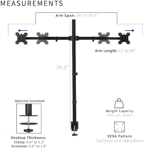 VIVO Premium Dual Ultra Wide LCD LED 27 to 38 inch Monitor Desk Mount, Heavy Duty C-clamp, Extra Tall Pole, Adjustable Telescoping Arms, Flush Wall Setup, Fits 2 Screens, Black, STAND-TS38C-T