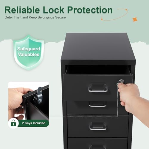6 Drawer File Cabinet with Lock, Freestanding Filing Metal Drawers Organizer Vertical Metal Rolling Organizer Movable Under Desk Cabinet with Wheels for Home Office Living Room Study (6 Tiers Black)
