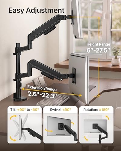 monTEK Dual Monitor Arm, Vertical Stackable 17–40" Full Motion with USB